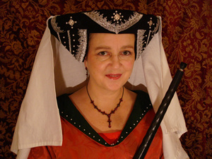 c.1405 Early Fine Black Wool Heart Shaped Hennin, with Silver and White Pearls and a Fine White Linen Veil