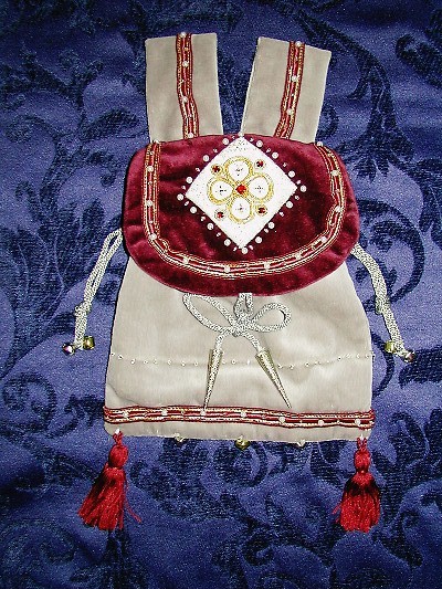 Dove grey and burgundy velvet pouch with goldwork quaterfoil and 5 red jewels