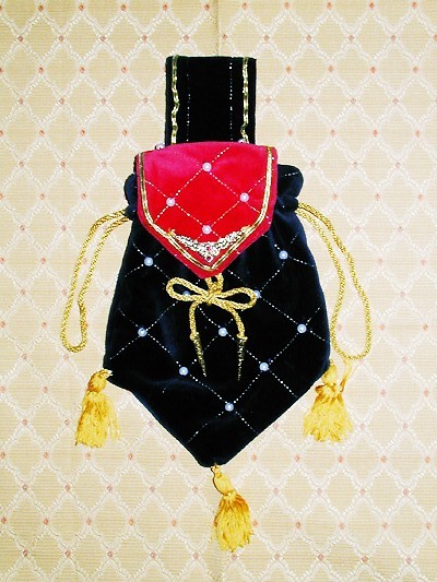 Red and blue velvet pouch with gold criss-cross and pearls