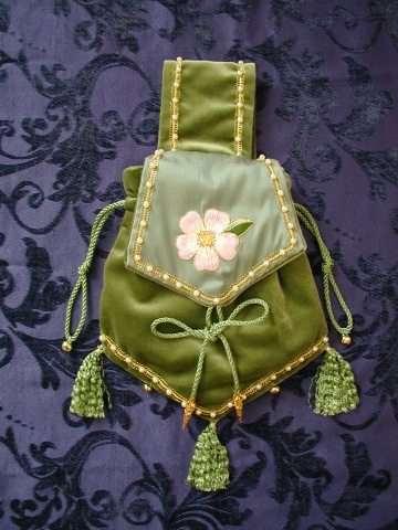 Pale Green Velvet Pouch with Green Silk Flap, embroidered with a Dog Rose in Silks, surrounded with a fine edge of Gold.