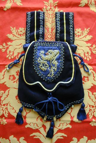 Blue Velvet Pouch with Goldwork Lion, Hand Embroidered on Dark Blue Silk