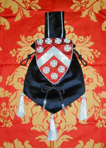 Black Velvet Pouch with Berkeley Heraldry, Hand Embroidered in Silver, onto Red Silk