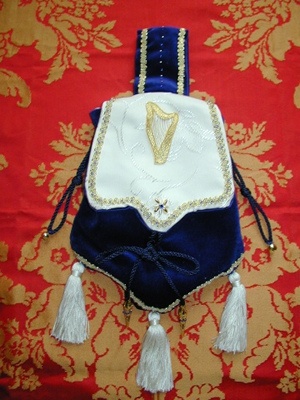 Regal Blue Velvet Pouch, Hand Embroidered with a Goldwork Harp