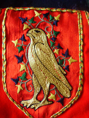 Detail of Silkwork Trellis from the 'Sherborne Missal'and Goldwork Peregrine Falcon