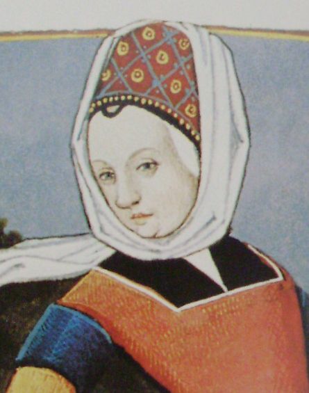 C15th Image of a Hennin worn by a woman with a distaff