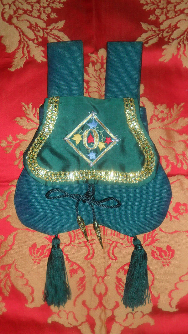 Green Silk pouch with Lombardic Text of the Letter 'O' in Goldwork and Silk Shading with Freshwater Pearls, Plate braid, Bronze Spangles and tiny Green Seed Beads