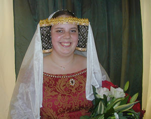 Gold Silk Templars, with Red and Amber Jewels and Pearls, with a Silk Veil edged in Pearls