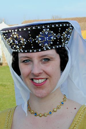 Dark Blue Velvet Torque encrusted with Goldwork, Jewels and Pearls and Handsewn Silk Veil and Barbette