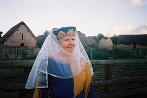 Gold and blue linen torque with veil
