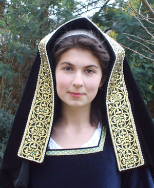 English Gable Hood in Black Velvet with Gold and Black Stiffened Jewelled Lappet